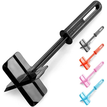 Heat resistant meat chopper with four stainless steel blades on a black handle.