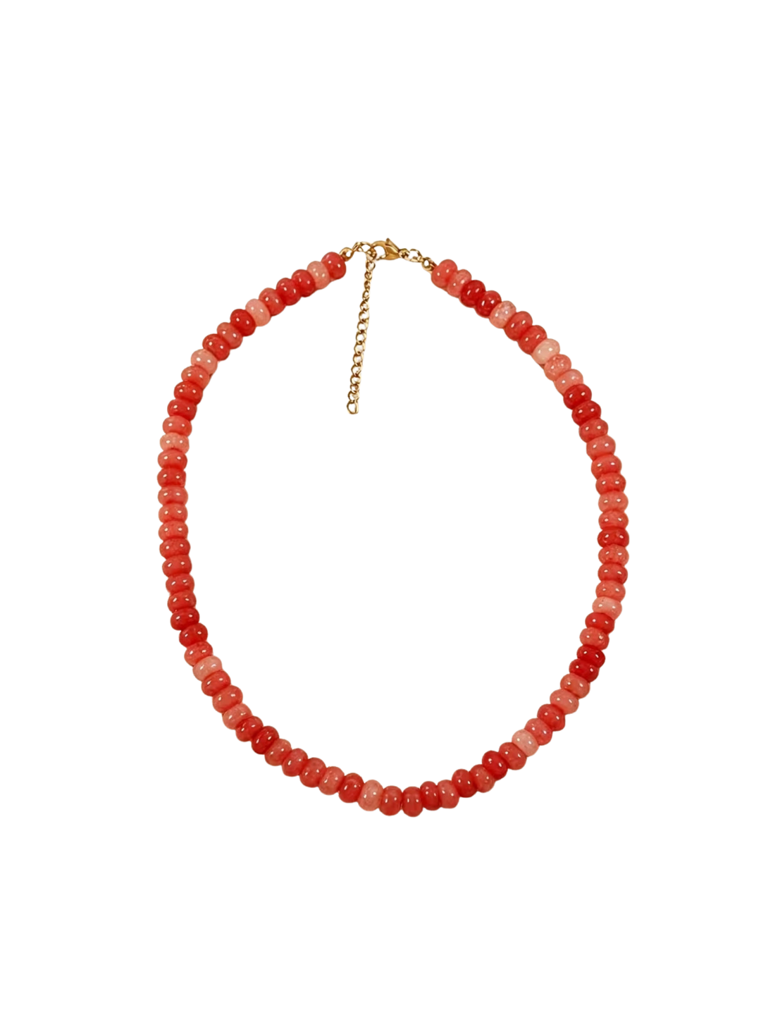 Glass beaded necklace featuring round, translucent red and orange beads with a gold-tone clasp.