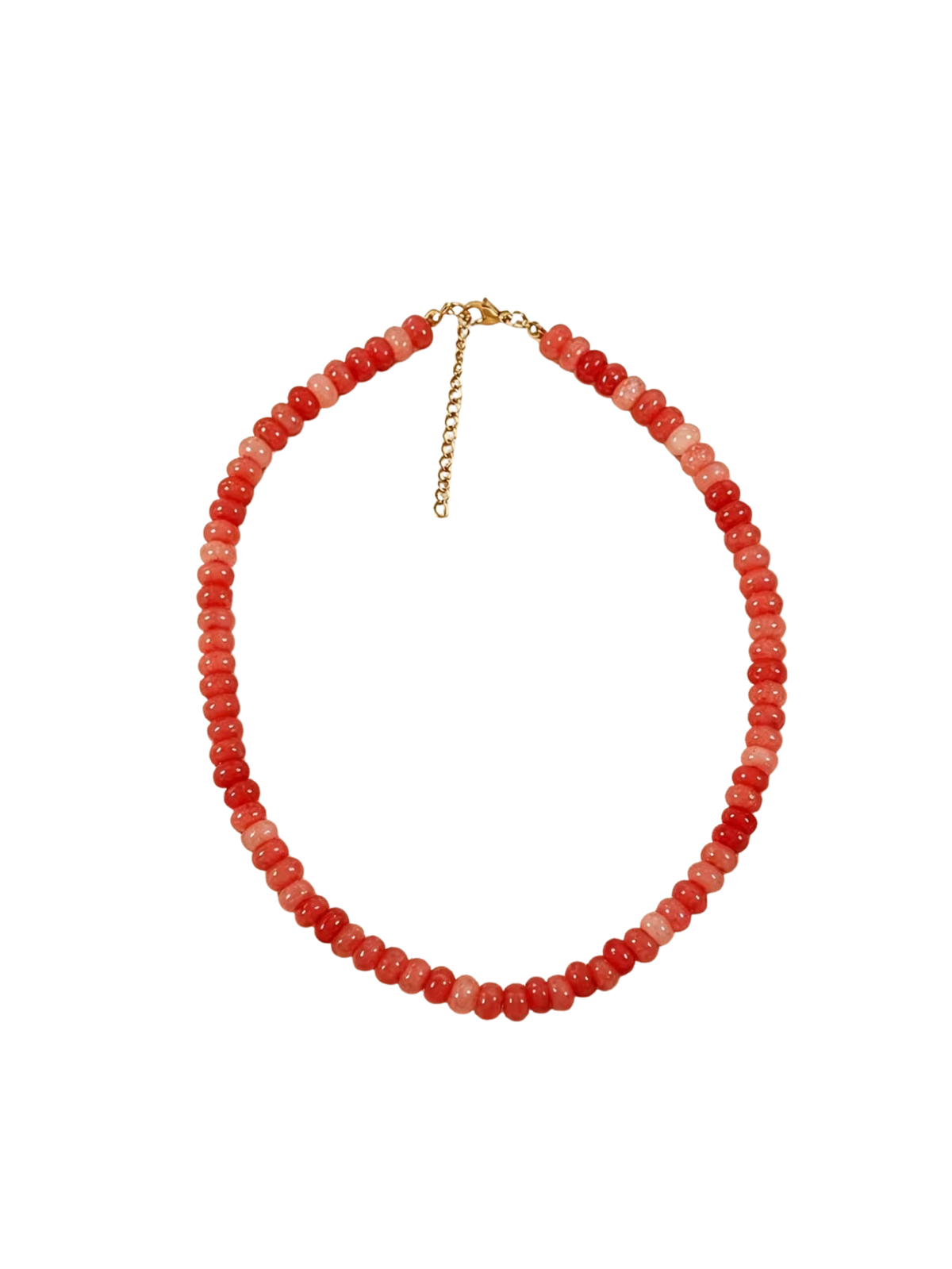 Glass beaded necklace featuring round, translucent red and orange beads with a gold-tone clasp.