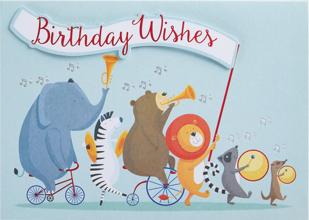 Animal Parade Birthday Wishes greeting card with silver foil accents, red die-cut paper attachments, and whimsical animal illustrations.
