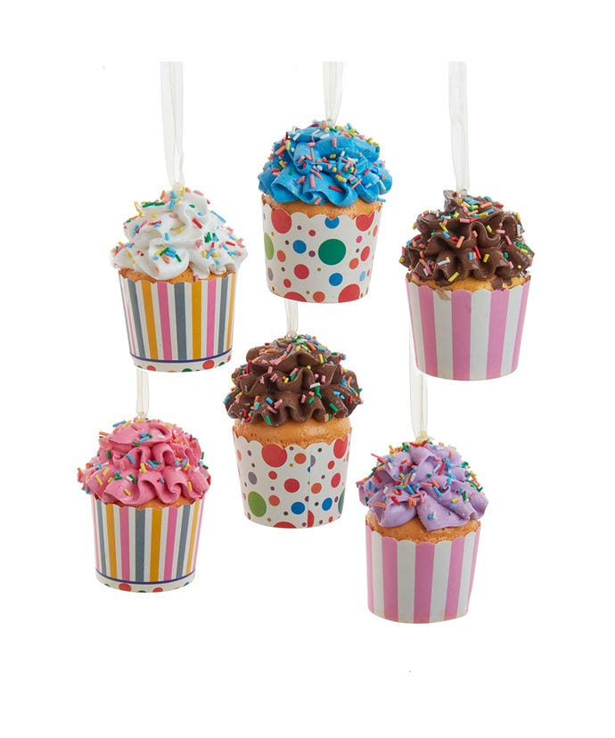 Polyurethane cupcake ornament in a decorated paper cup with multicolor sprinkles.