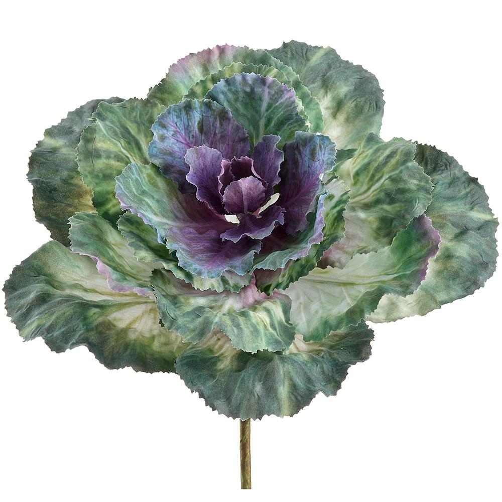 Ornamental cabbage pick with polyester leaves in green and purple hues on a metal wire stem.