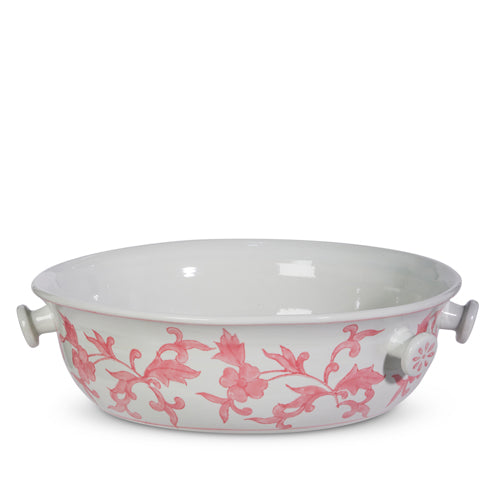 18-inch white clay bowl with pink floral vine pattern and side handles.