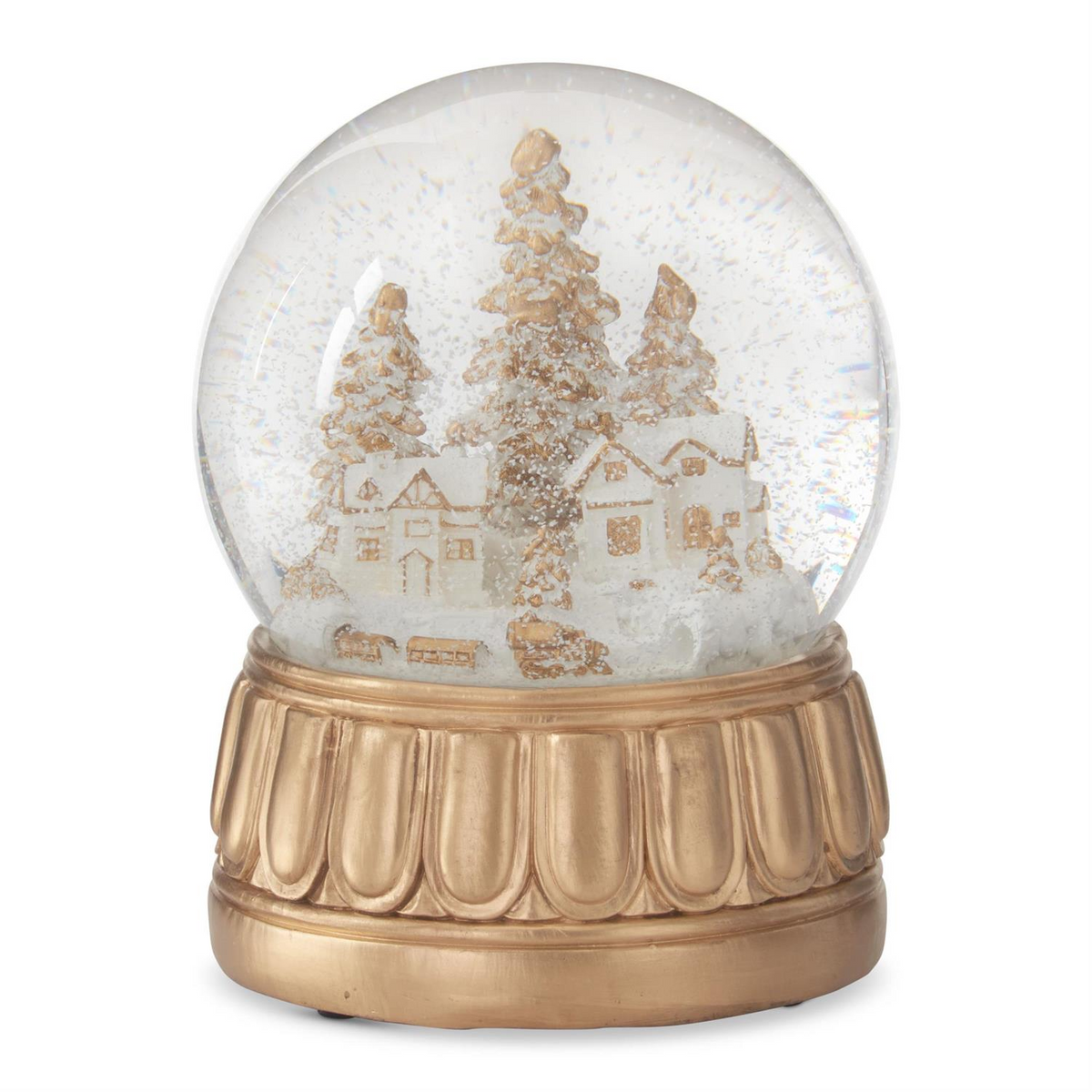7.75 inch gold and cream musical snow globe with a winter cottage scene and pine trees.