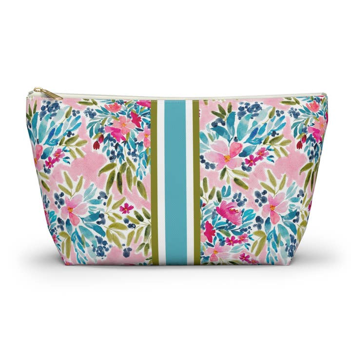 Mahjong tile pouch with a pink and blue watercolor floral pattern and a central striped band.
