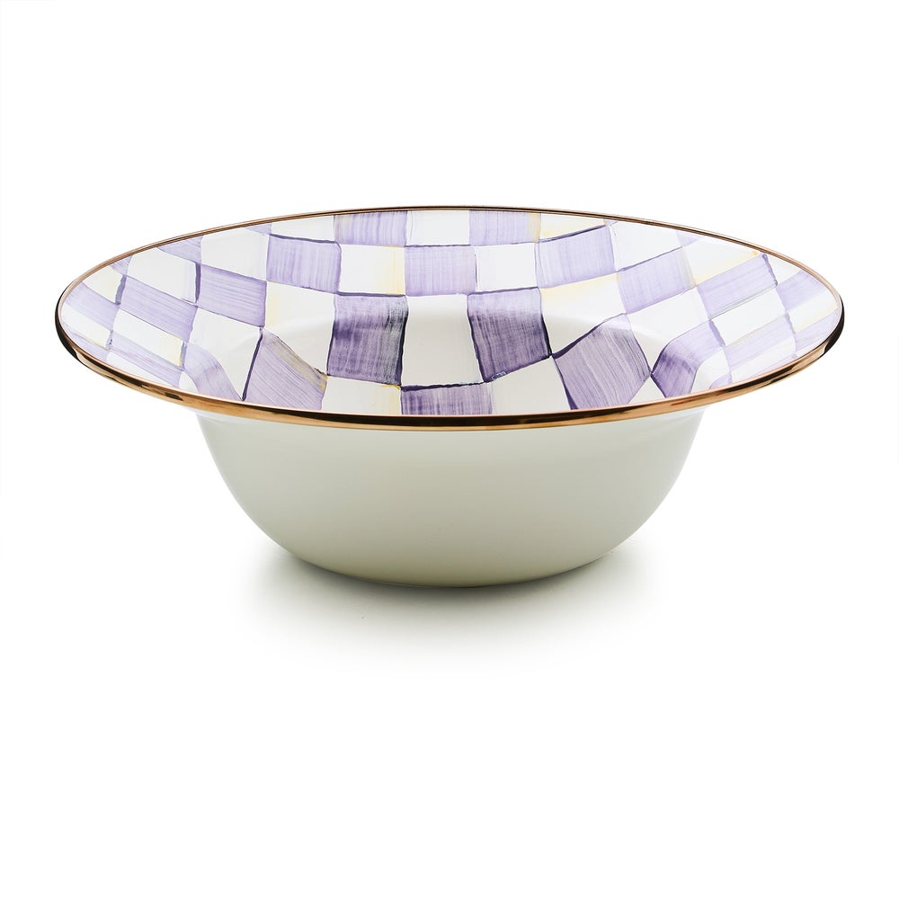 Hand-glazed violet check serving bowl with bronzed stainless steel rim