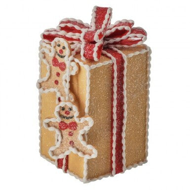 8-inch gingerbread gift box ornament with gold glitter, red ribbon, and two gingerbread men.