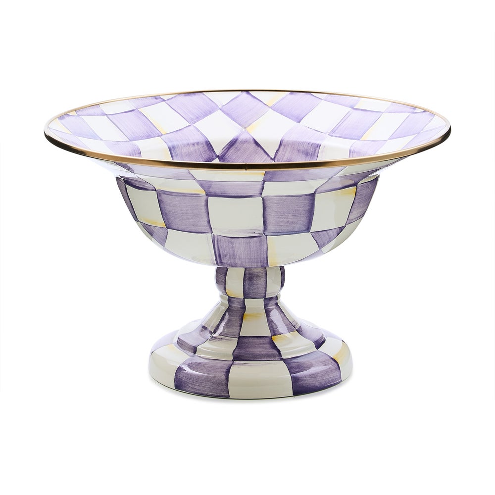 Hand-glazed steel large compote with violet checkered pattern on rimmed bronzed stainless steel.