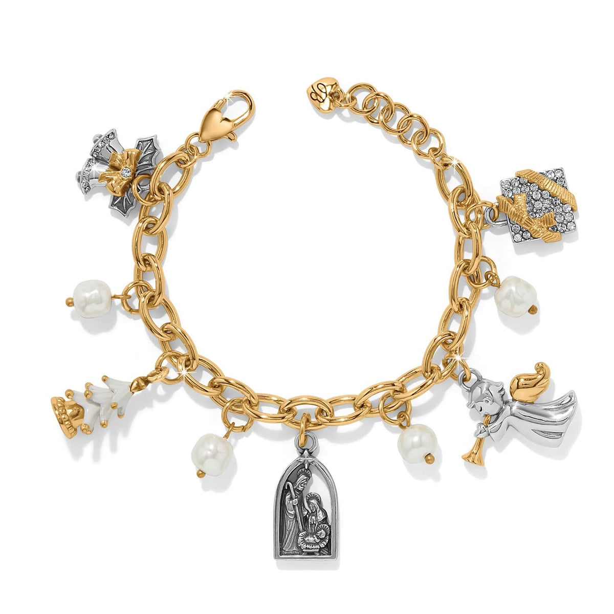 Joyful Season two-tone charm bracelet with bells, gift box, tree, angel, and nativity scene charms.