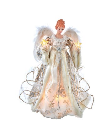 14-inch gold and silver lighted angel tree topper with white wings and glowing stars.
