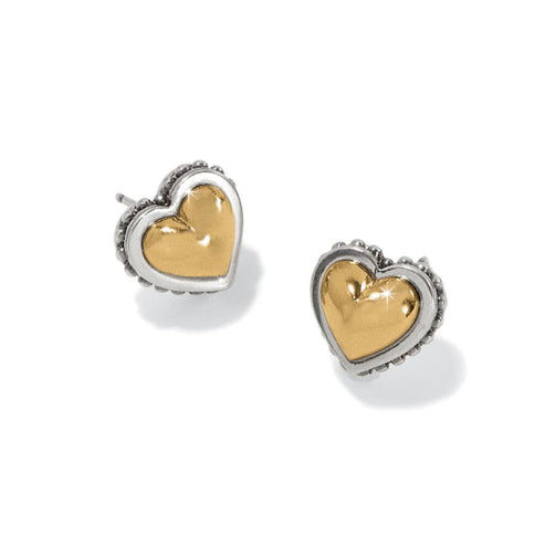 Pretty Tough Petite Heart Post Earrings in two-tone silver and gold with beaded edge detail.