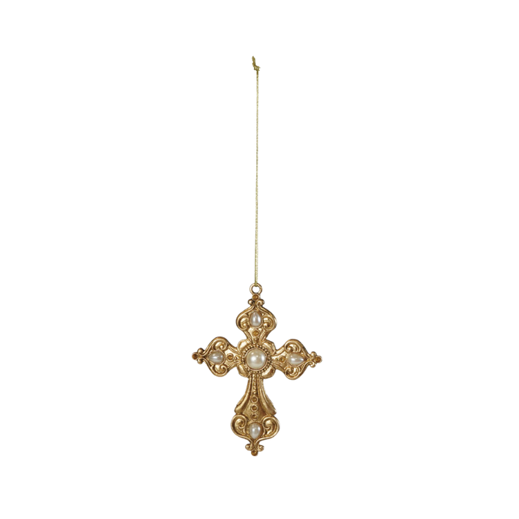 Gilded pewter cross ornament with ornate scrollwork and faux pearl accents on a gold hanging string.