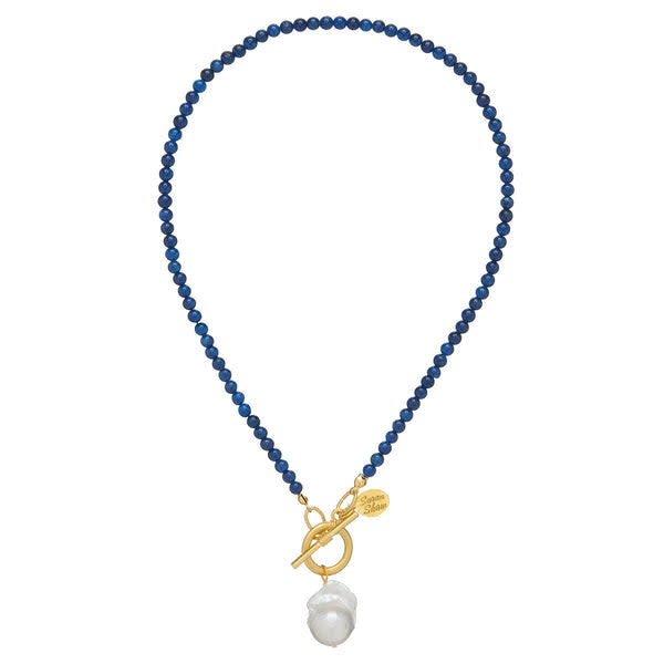 Blue lapis mini stone bead necklace with baroque pearl detail on a gold chain