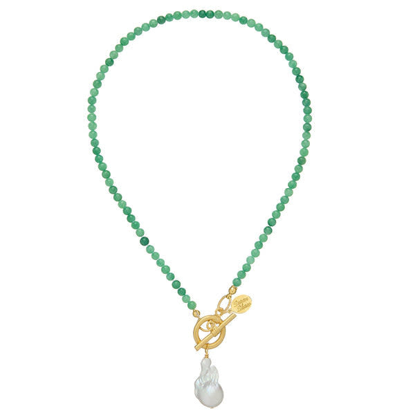 Katie necklace in jade green featuring mini genuine stone beads, a front-facing toggle clasp, and baroque pearl detail.