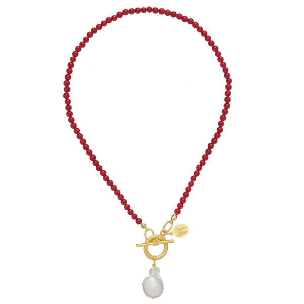 Red coral Katie necklace with genuine baroque pearl toggle clasp on triple plated gold chain