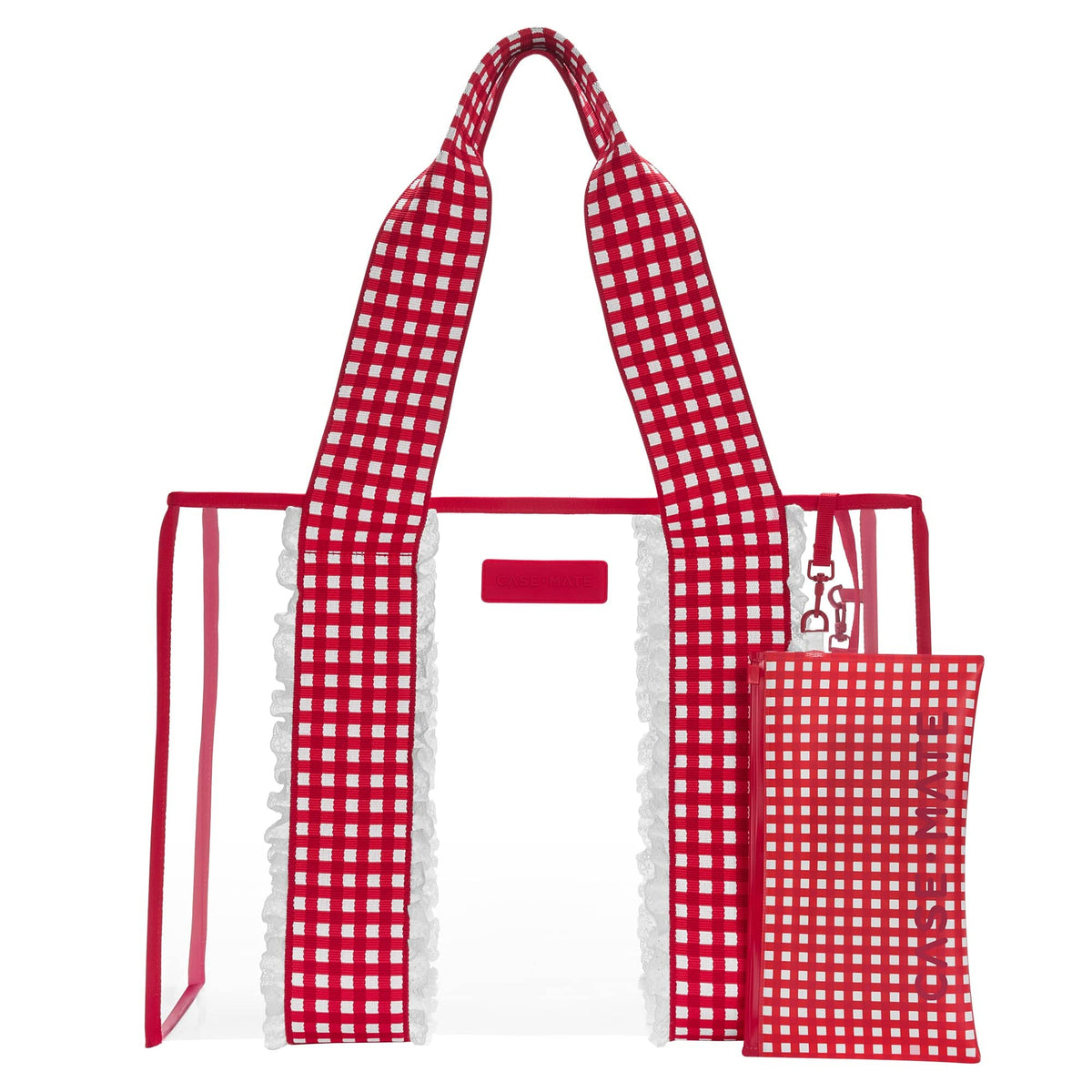 Clear jelly tote bag with red gingham jacquard straps, eyelet ruffle trim, and matching phone pouch.
