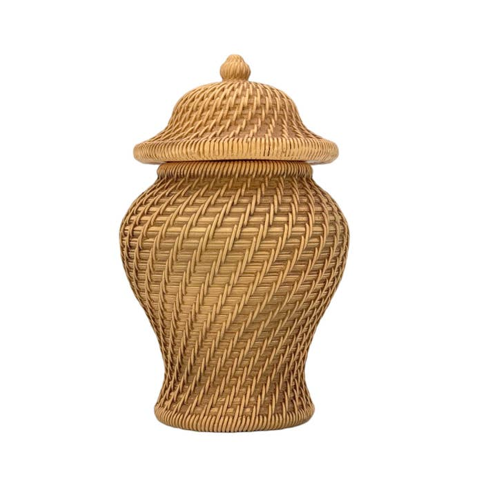 Faux wicker polyresin ginger jar with a domed lid and intricate basket-weave texture.