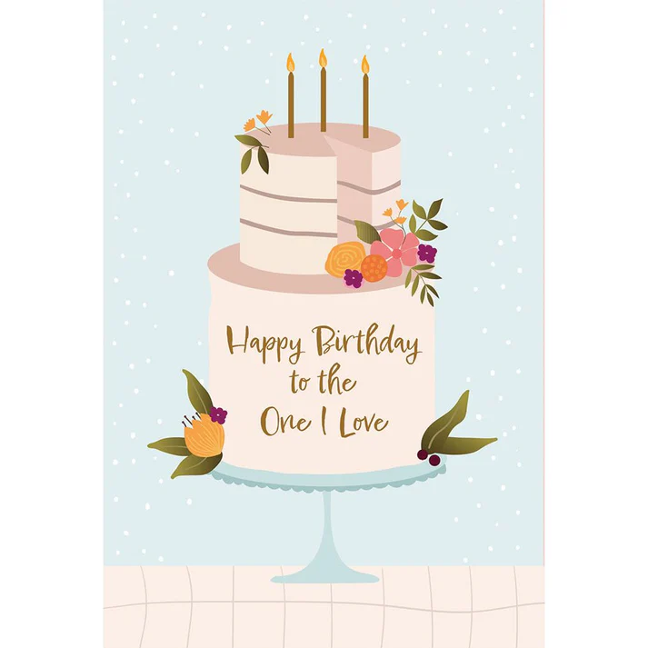 Pink foil birthday card with 'Happy Birthday to the One I Love' text.