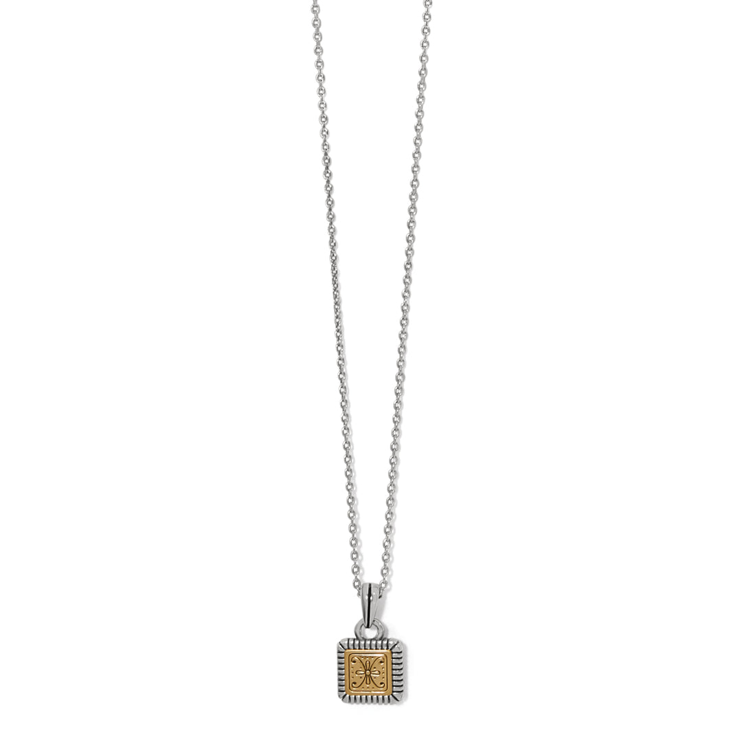 Mosaic Two Tone Mini Tile Necklace with a square silver and gold pendant on a silver chain.