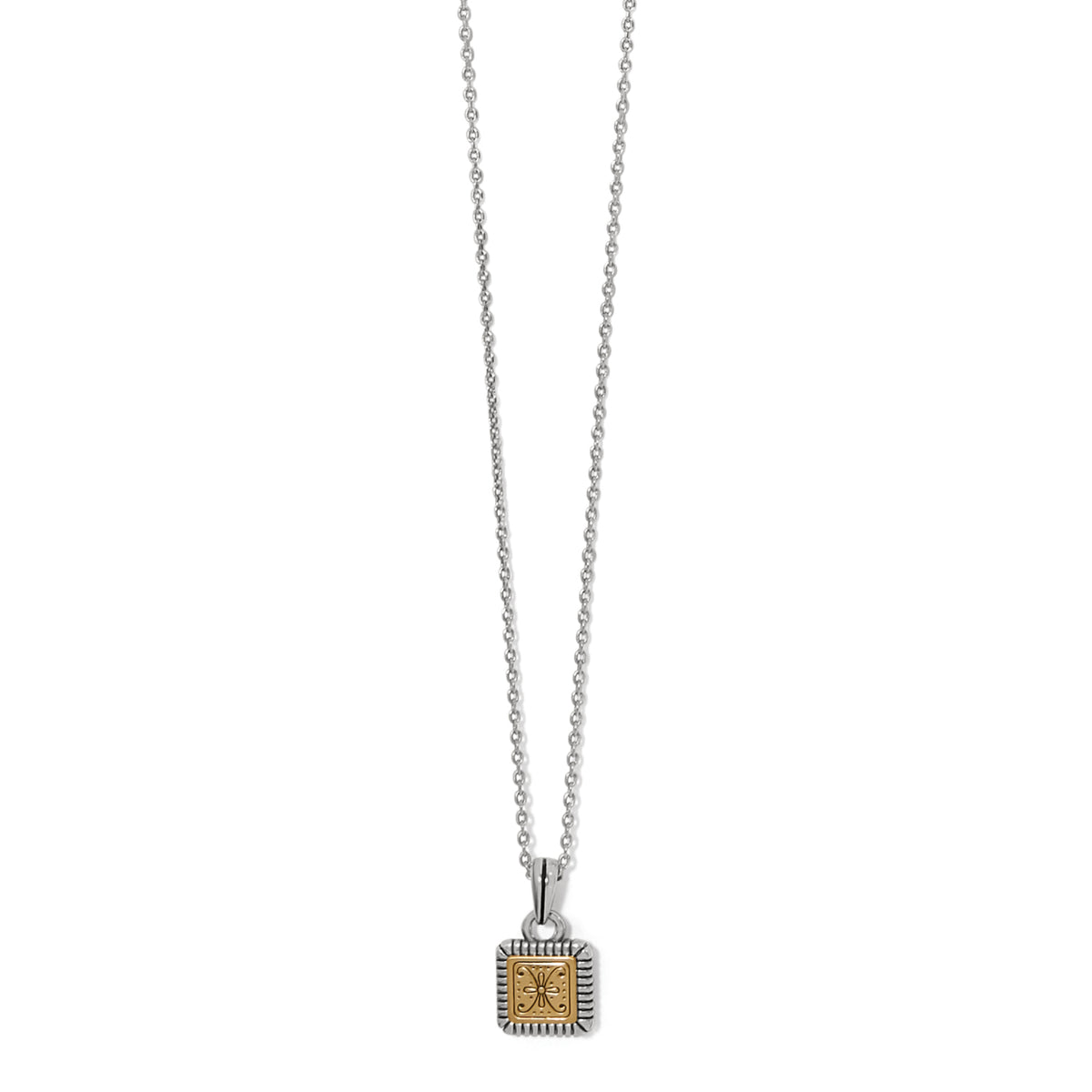 Mosaic Two Tone Mini Tile Necklace with a square silver and gold pendant on a silver chain.