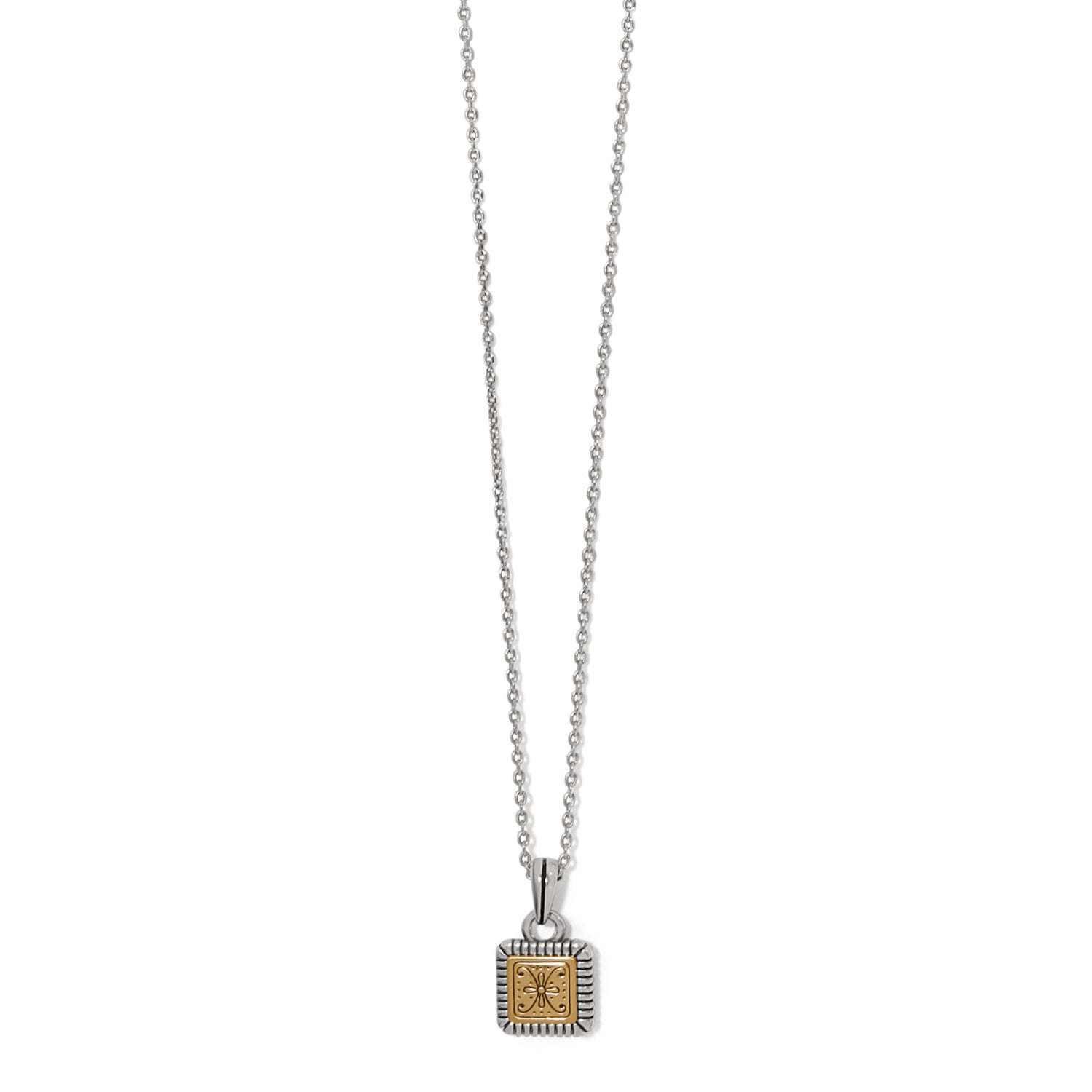 Mosaic Two Tone Mini Tile Necklace with a square silver and gold pendant on a silver chain.