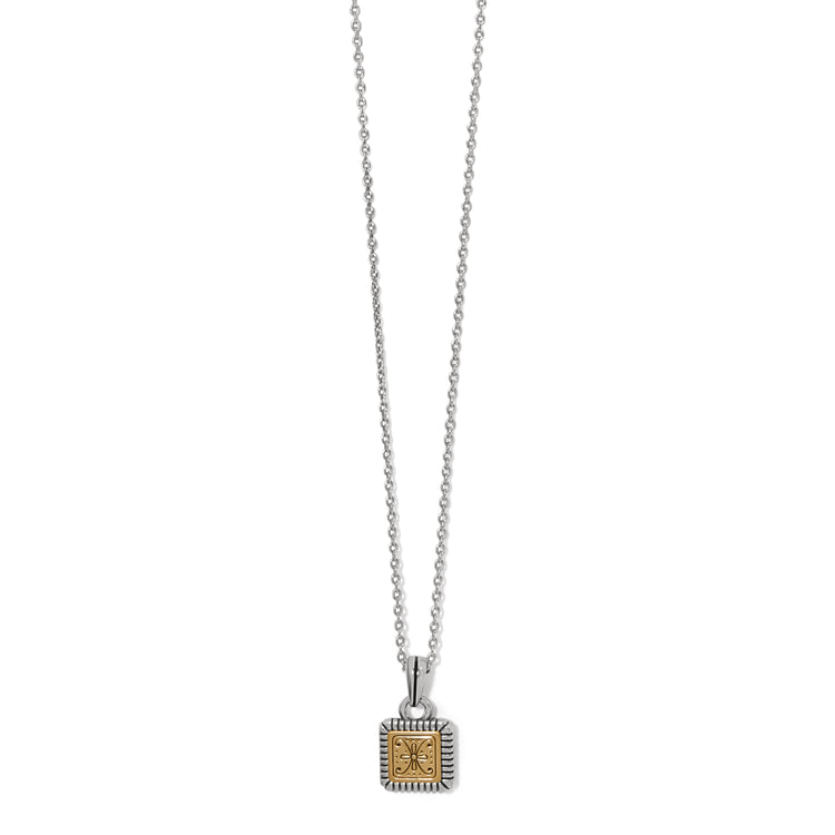 Mosaic Two Tone Mini Tile Necklace with a square silver and gold pendant on a silver chain.