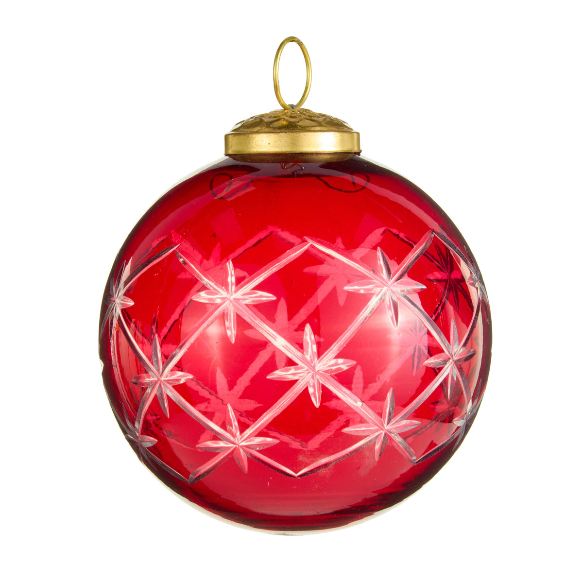 4-inch red glass ball ornament with an elegant etched star and diamond pattern and gold cap.