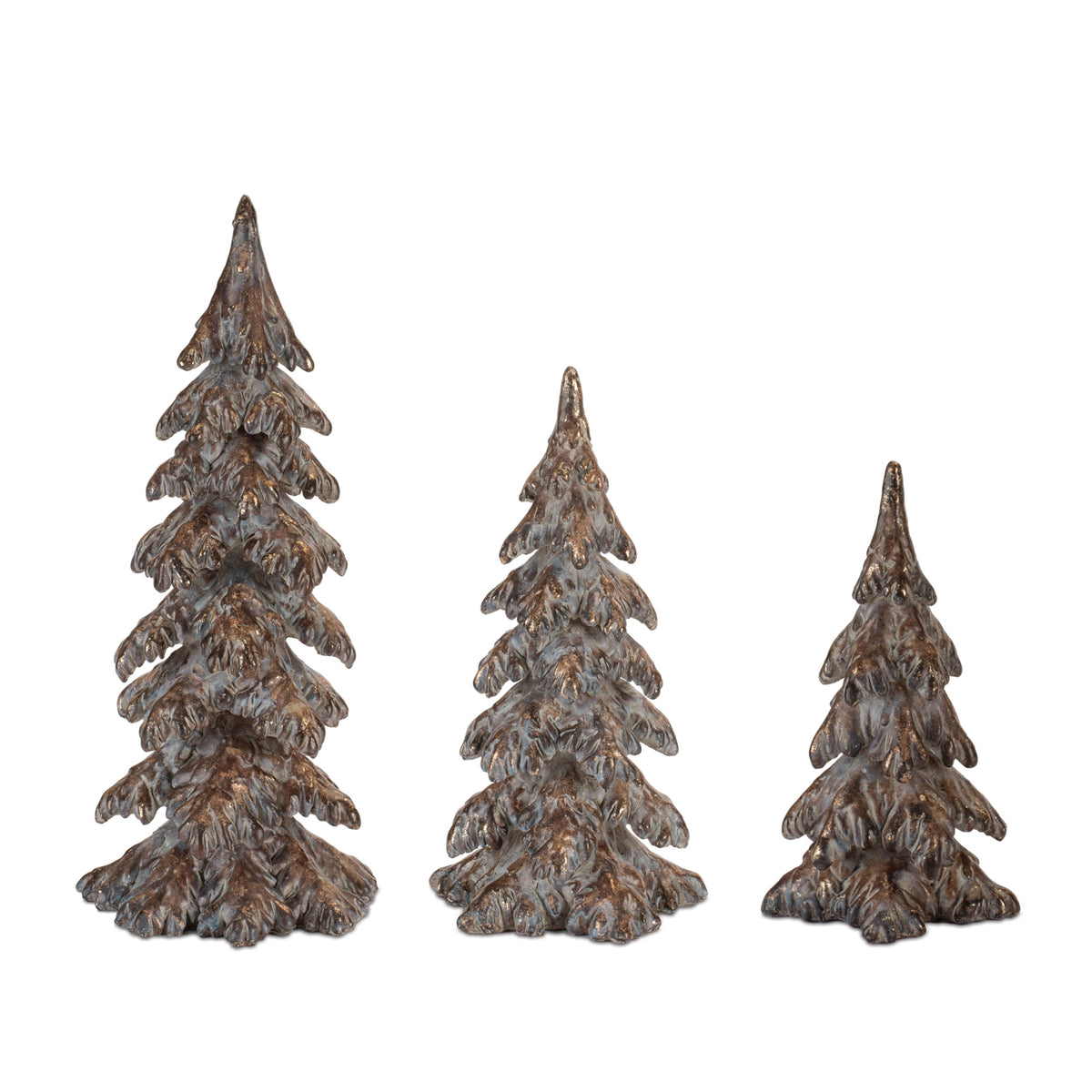 Three textured resin Christmas tree figurines in varying sizes with a rustic bronze finish.