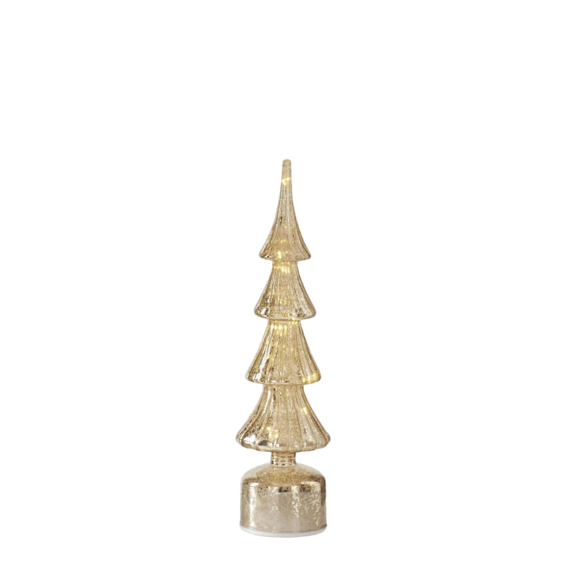 Rotating ribbed gold mercury glass LED Christmas tree with warm interior lights on a round base.