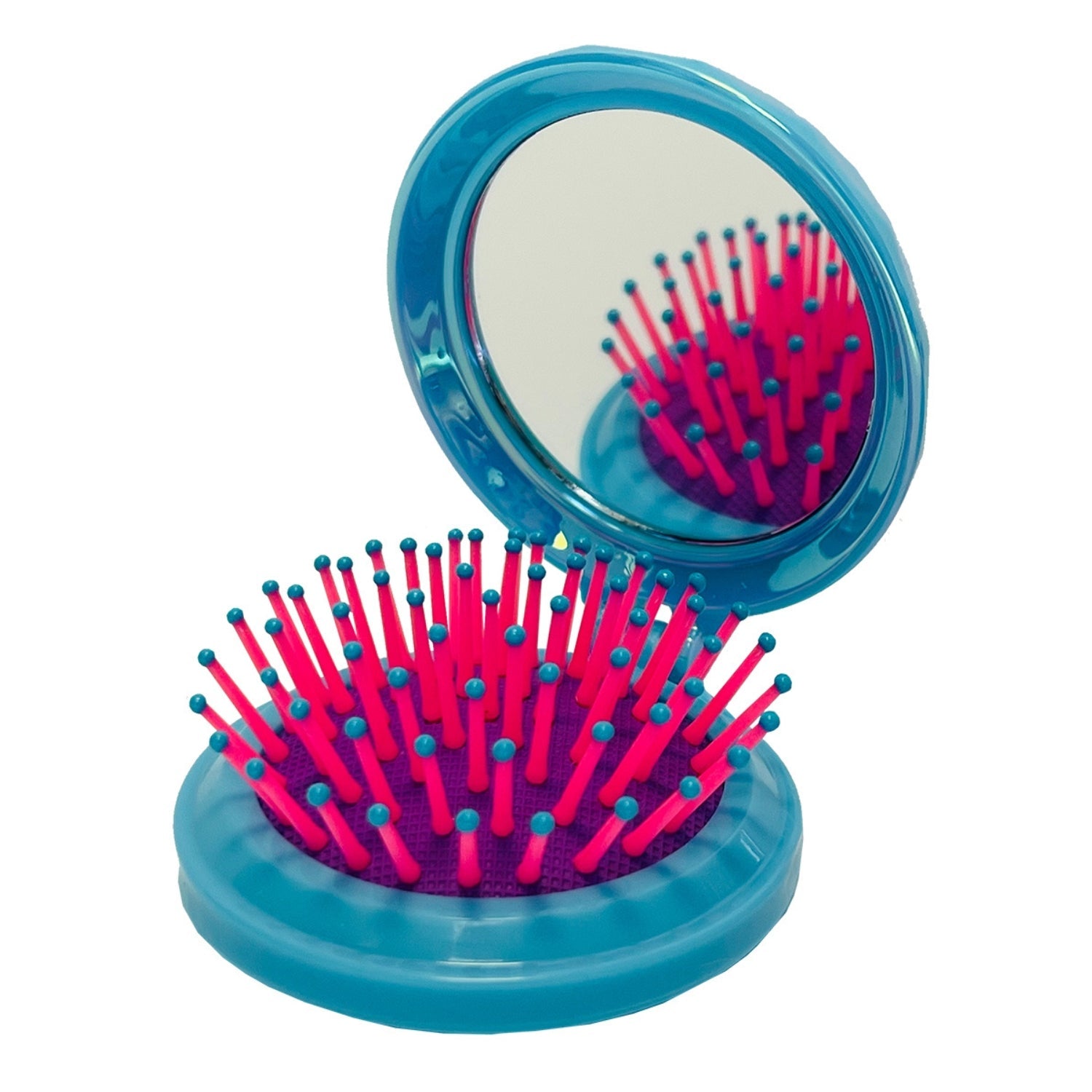 Foldable ABS hairbrush with a round jeweled mirror top in black.