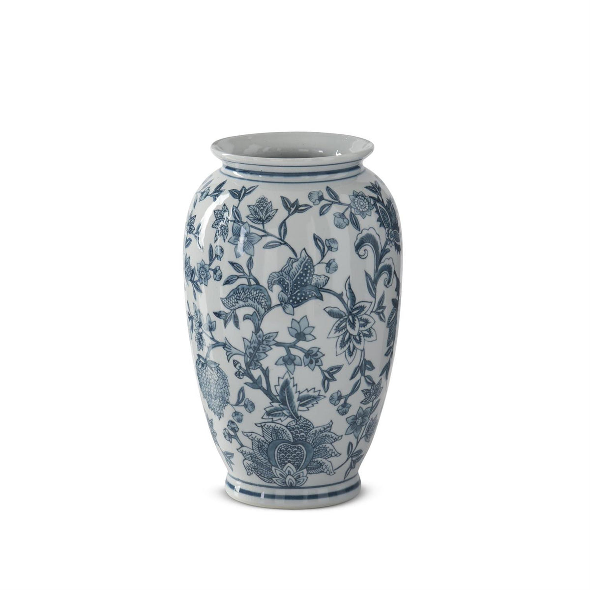 Tall navy blue porcelain vase with white chinoiserie floral patterns on a classic silhouette.