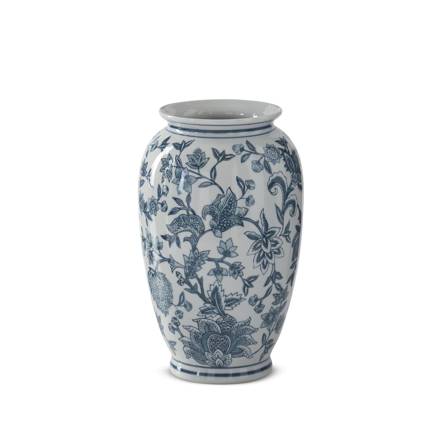 Tall navy blue porcelain vase with white chinoiserie floral patterns on a classic silhouette.