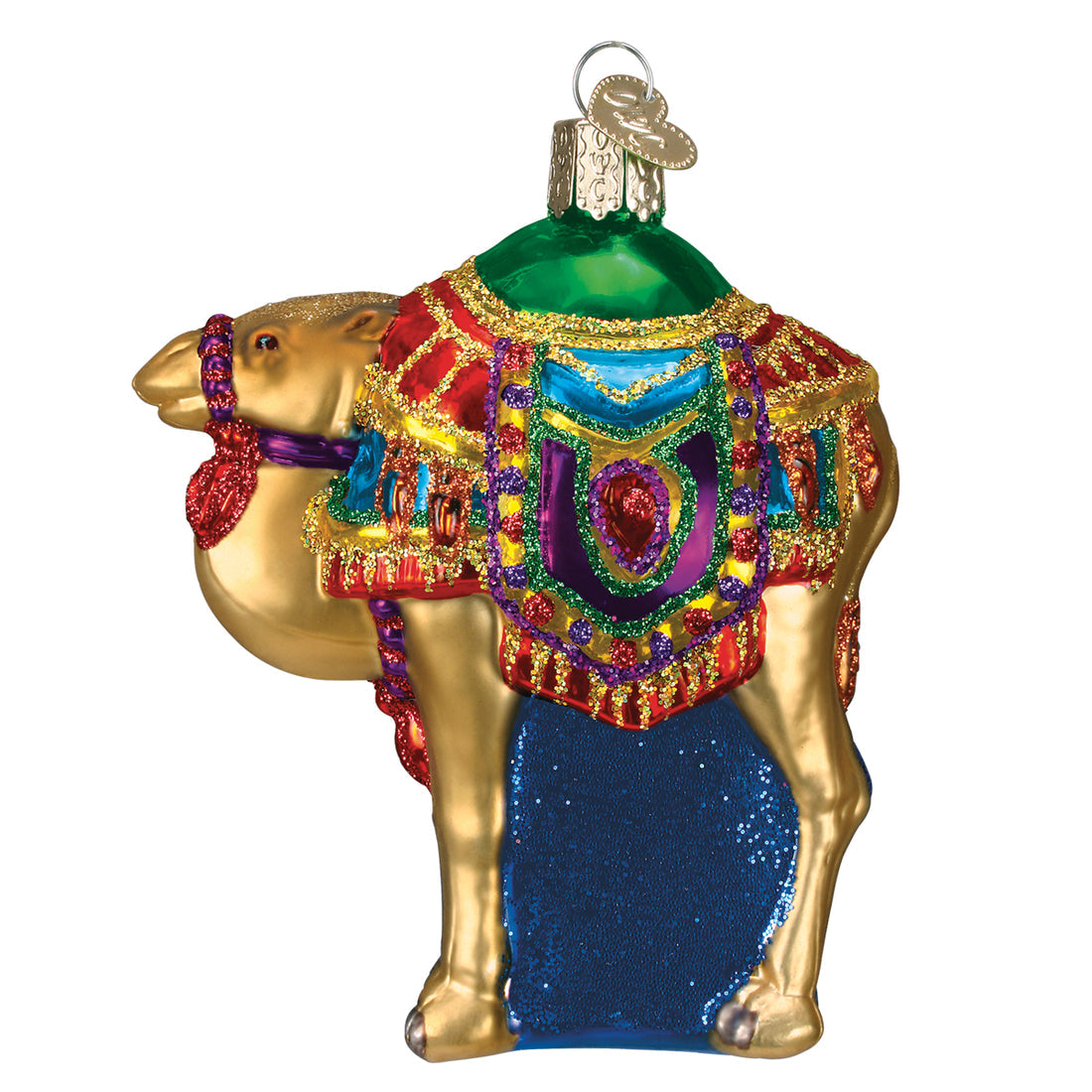 Magi's Camel glass Christmas ornament with gold body and colorful glittered saddle.
