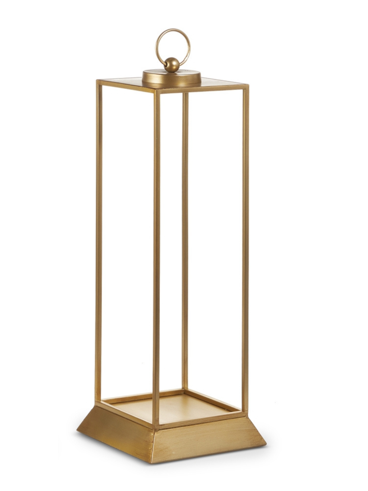 Tall rectangular gold iron lantern with a ring handle and a tiered base.