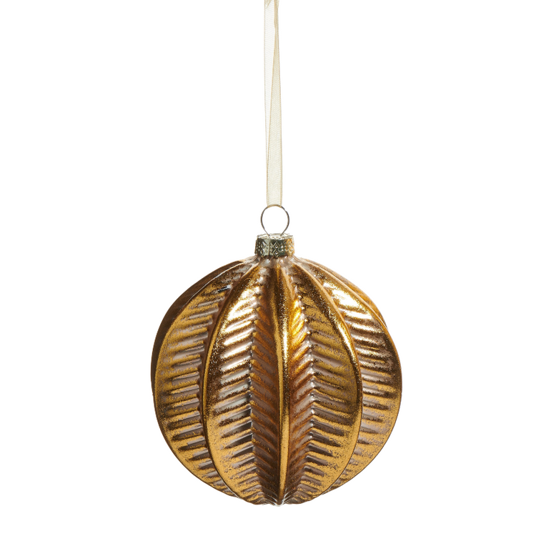4-inch gold glass spine ornament with a ribbed texture and metallic finish on a hanging ribbon.