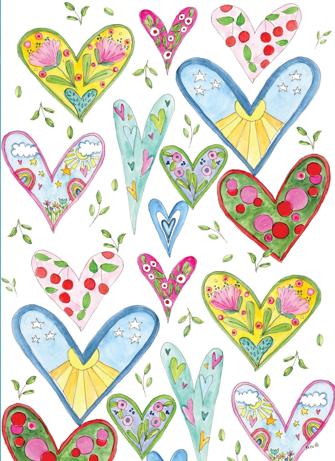A6 greeting card with red heart pattern featuring the text 'Hearts Hearts Hearts' and a message about being loved.