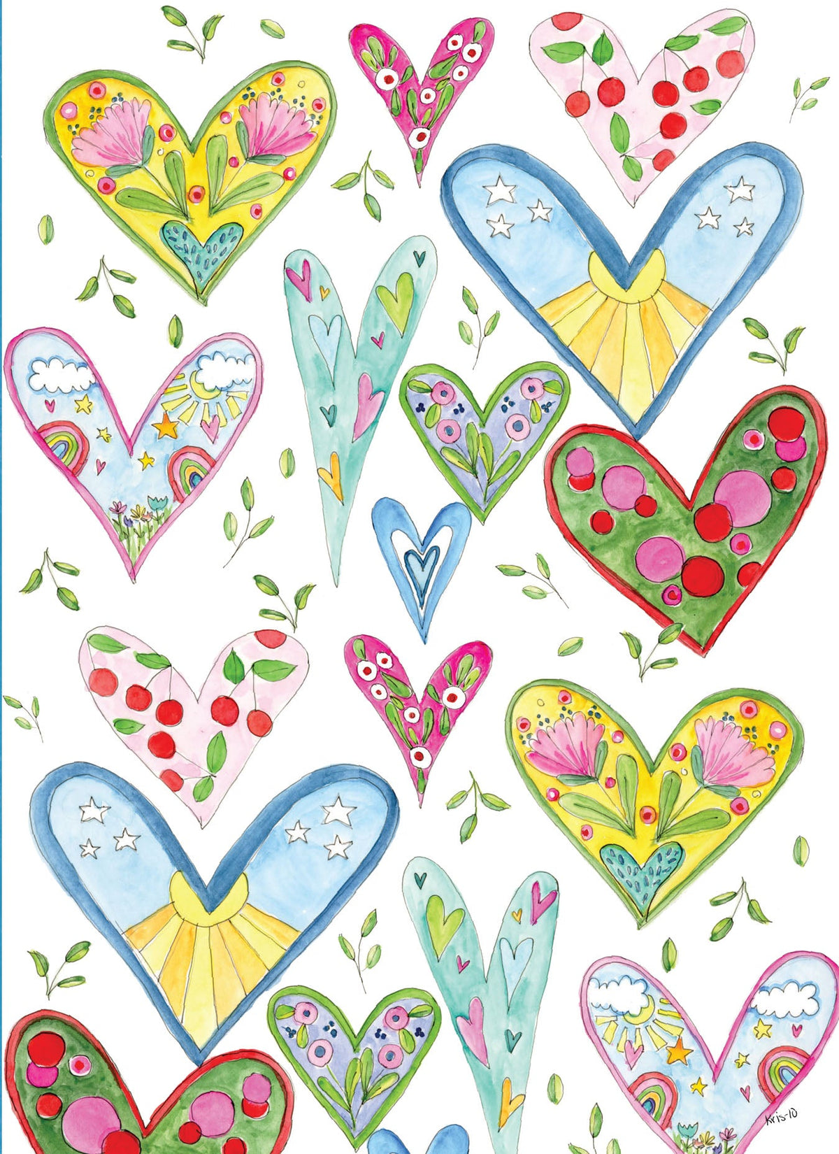 A6 greeting card with red heart pattern featuring the text 'Hearts Hearts Hearts' and a message about being loved.