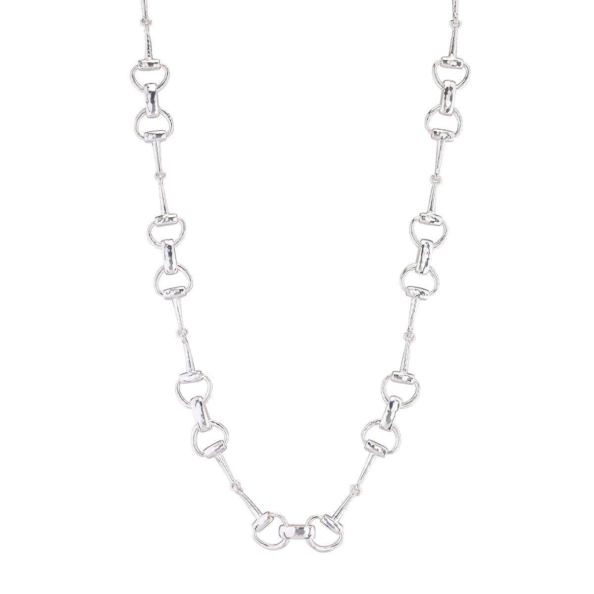 Silver 20-inch chain necklace featuring interlinking equestrian snaffle bit links.