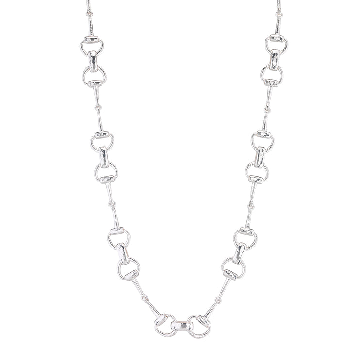Silver 20-inch chain necklace featuring interlinking equestrian snaffle bit links.
