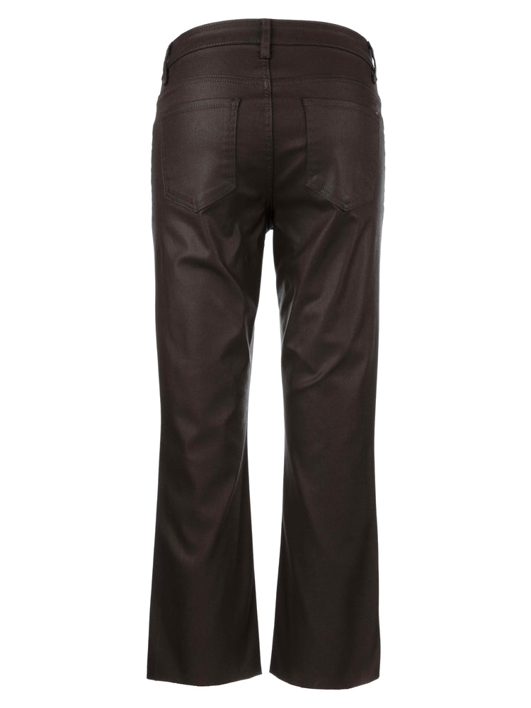 Back view of dark brown high-rise ankle flare jeans with a raw hem and back pockets.