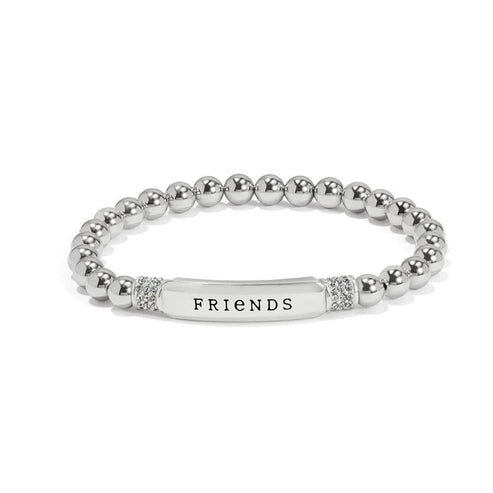 Silver plated Meridian Friends stretch bracelet with round beads and a bar engraved with FRIENDS.