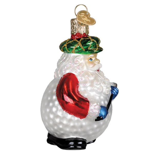 Red Santa golf ornament swinging a club with a hole-in-one on green background