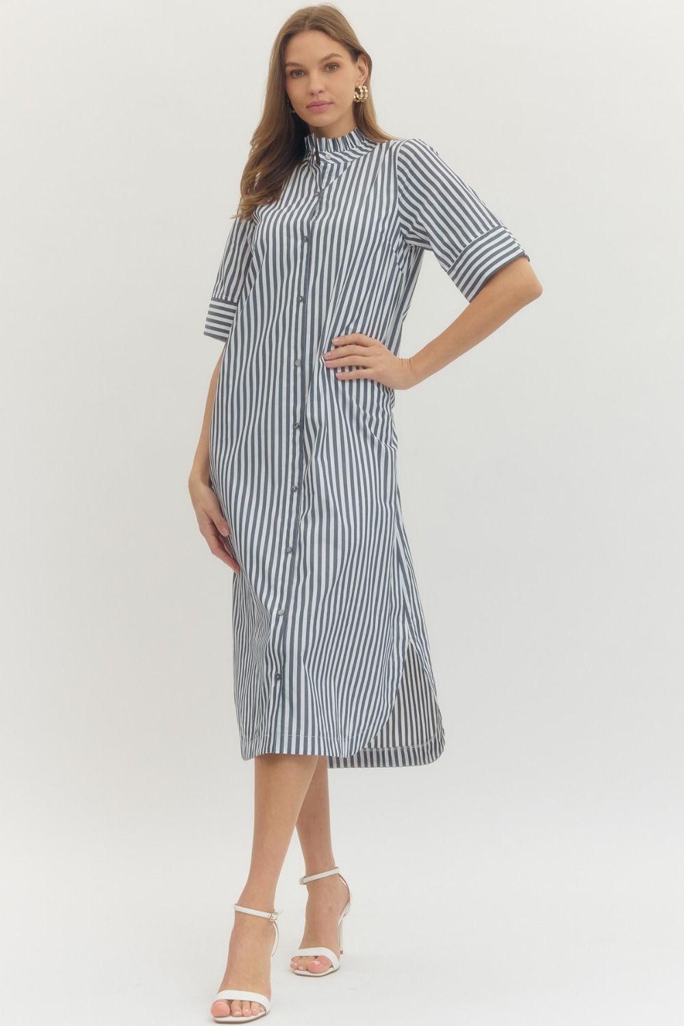 Ella Stripe ¾ Sleeve Midi Dress