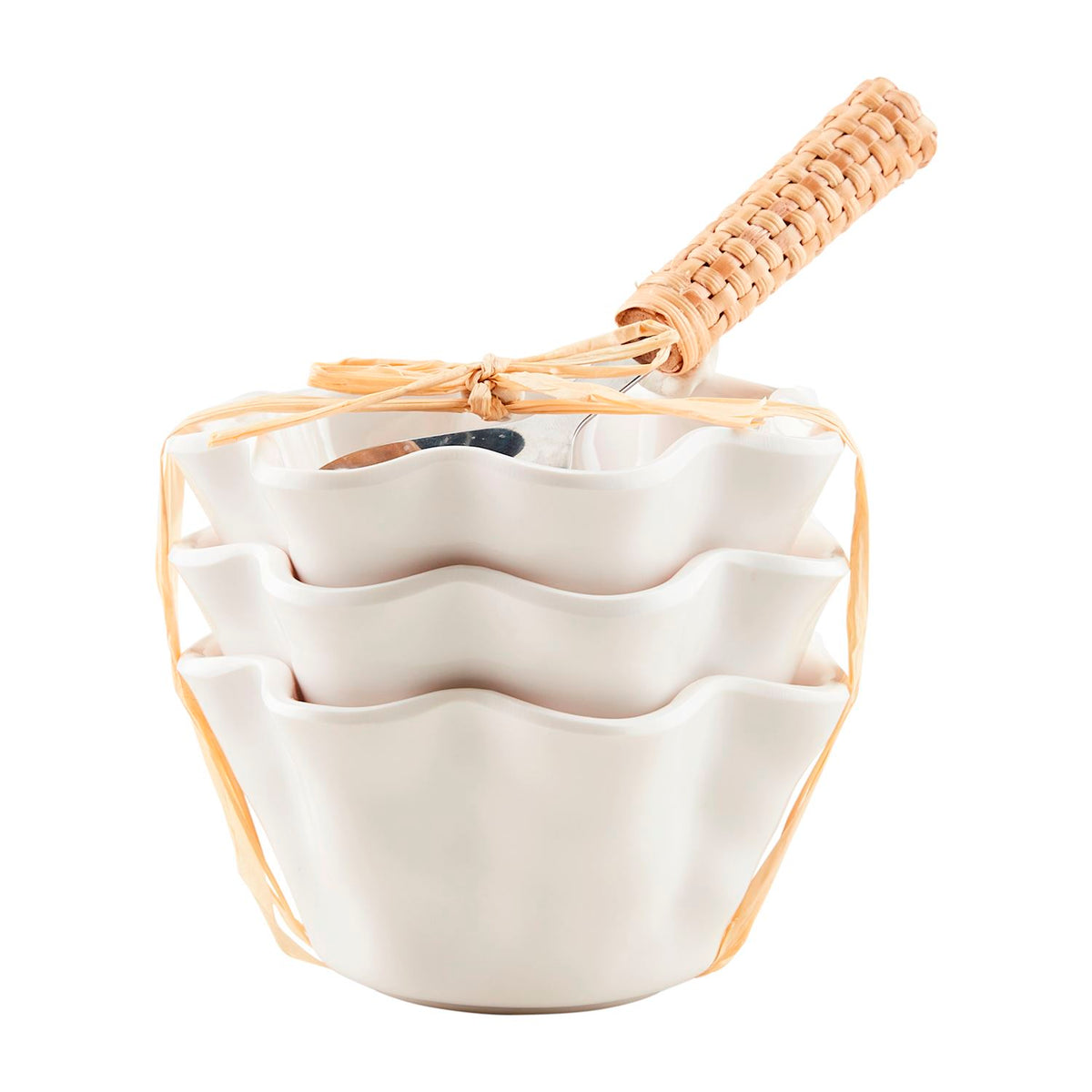 Set of melamine tidbits with ruffled edges in a soft neutral tone.