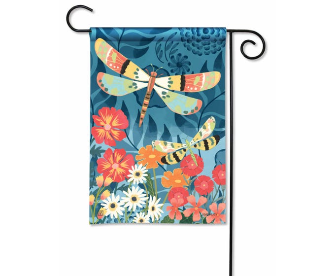 Garden flag with a dark blue background featuring two colorful dragonflies and various flowers in shades of red, orange, and white.