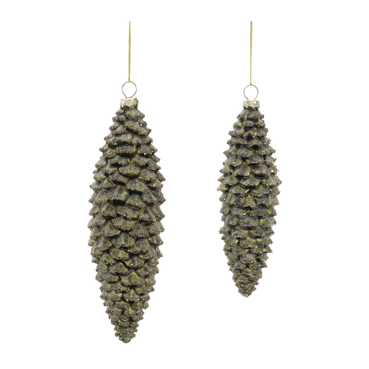 Two rustic glass pine cone ornaments with a textured, glittery finish and gold hanging strings.