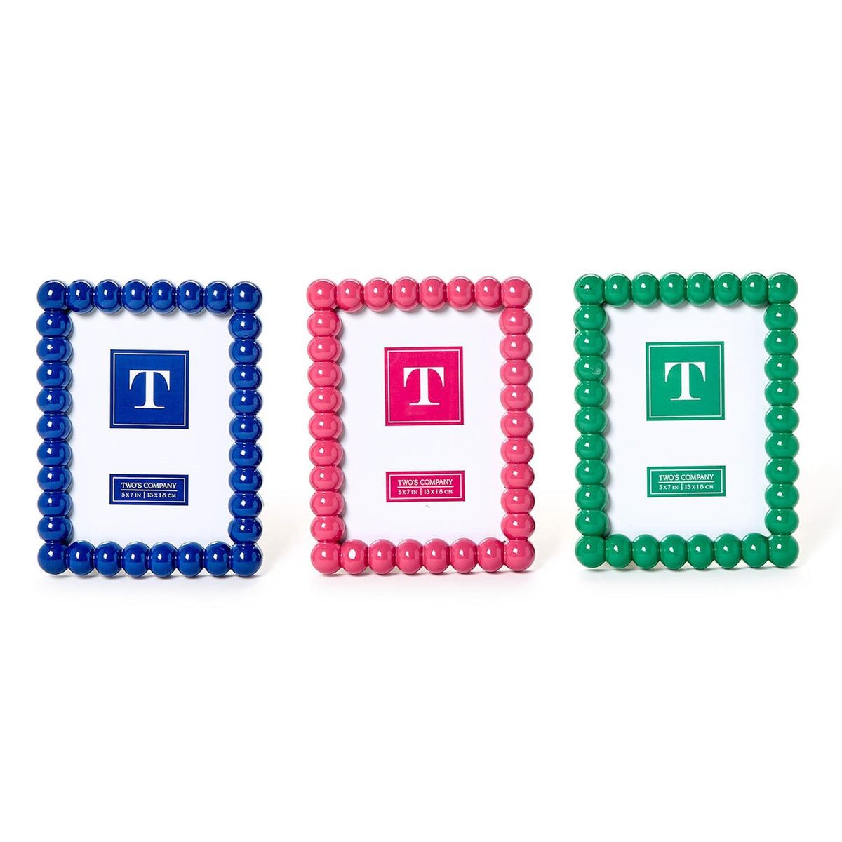 Three 5x7 hobnail resin photo frames in blue, pink, and green with a beaded texture.