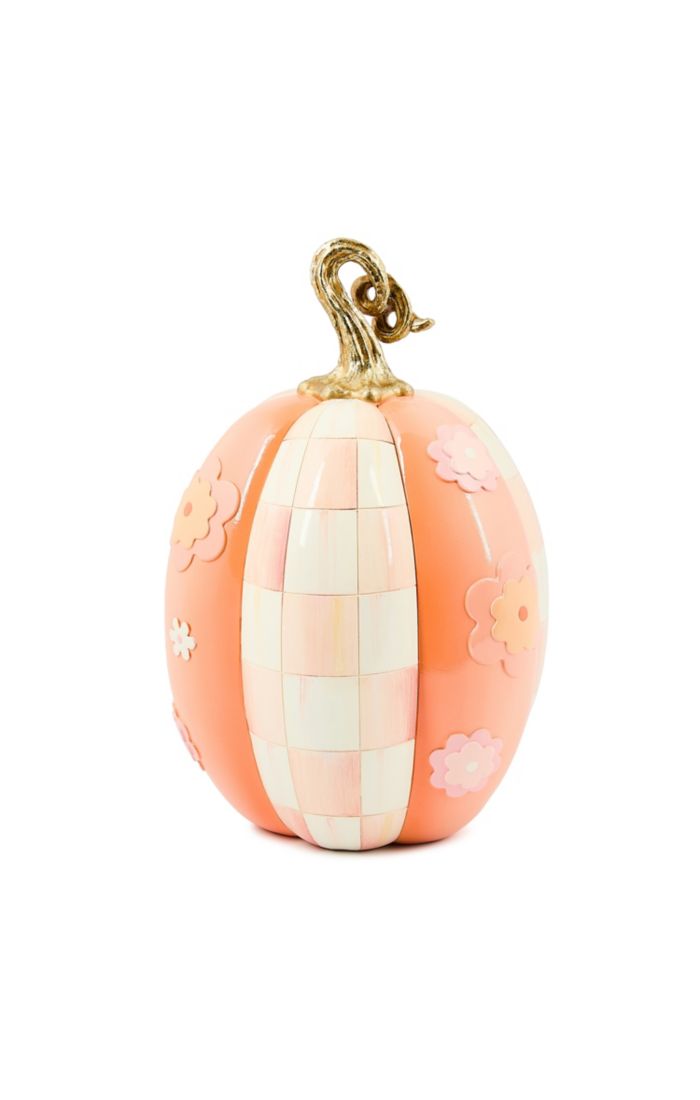 Rosy Check Flower Power Pumpkin with pink and white checks, orange panels, and floral accents.