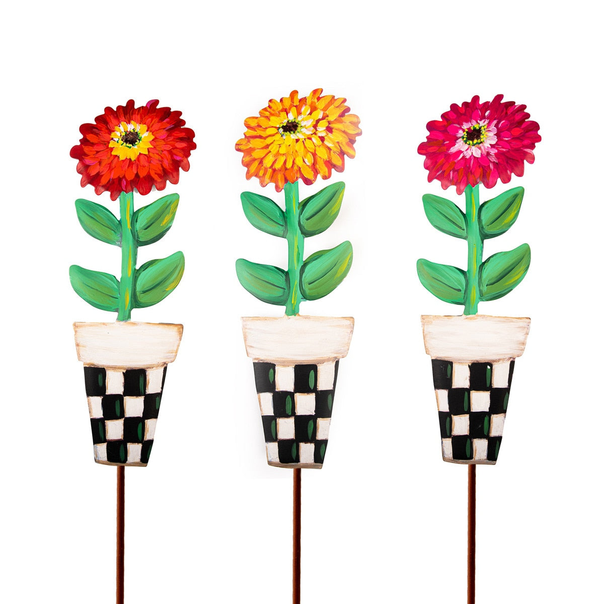 Elegant Zinnia stake pot in white ceramic with a zinnia floral silhouette and easel function.