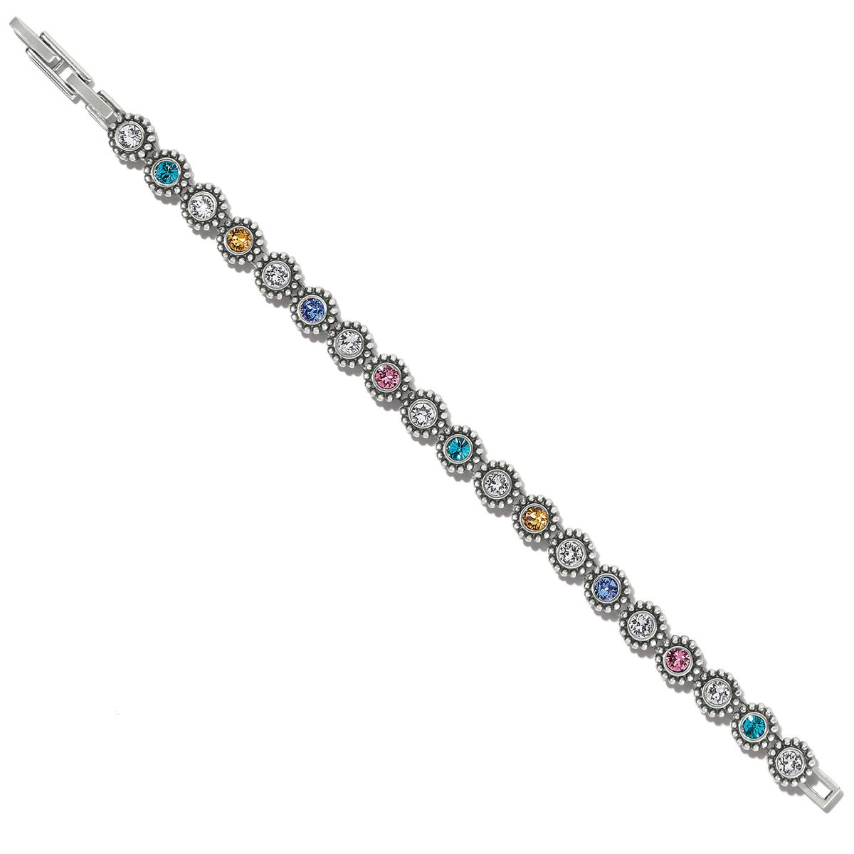 Silver-plated Twinkle Link Bracelet with multi-colored crystals on a fold-over clasp.